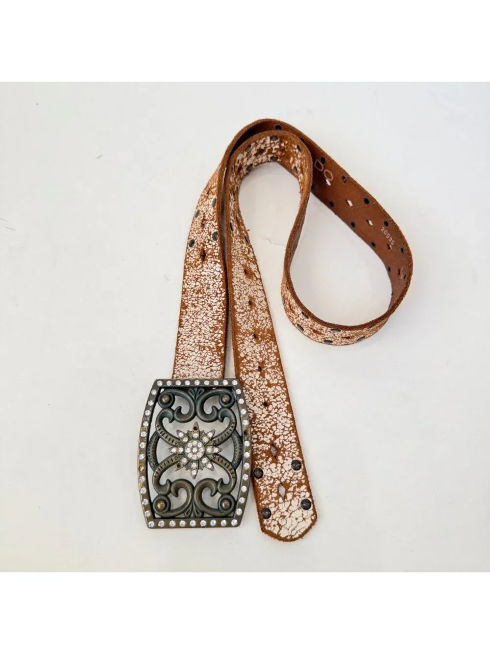 Aldo Y2K Western Boho Distressed Leather Belt Rhinestone Buckle Studded Brown